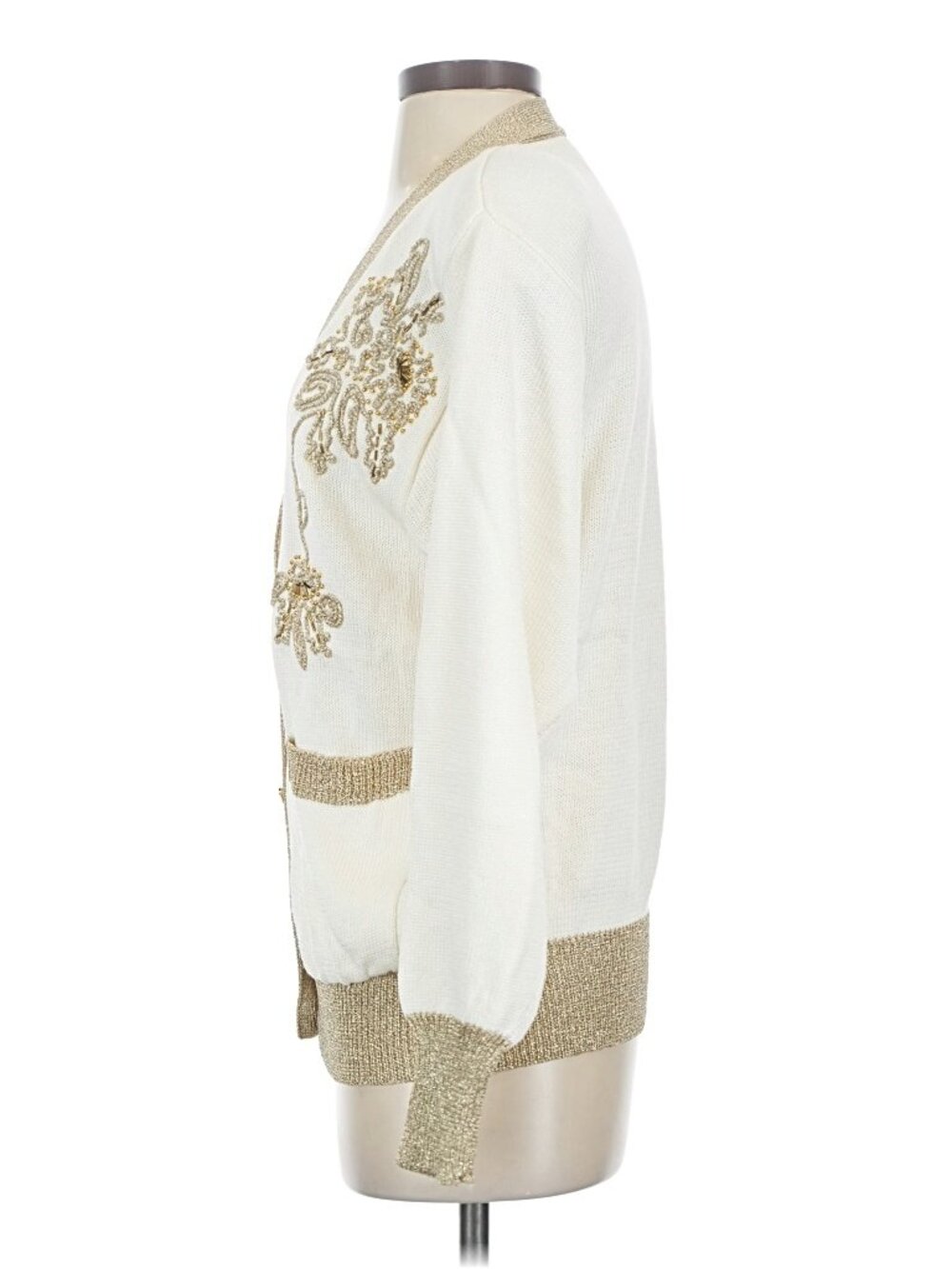Suzelle White cardigan embellished with gold. Wool blend Size Small - Picture 2 of 5